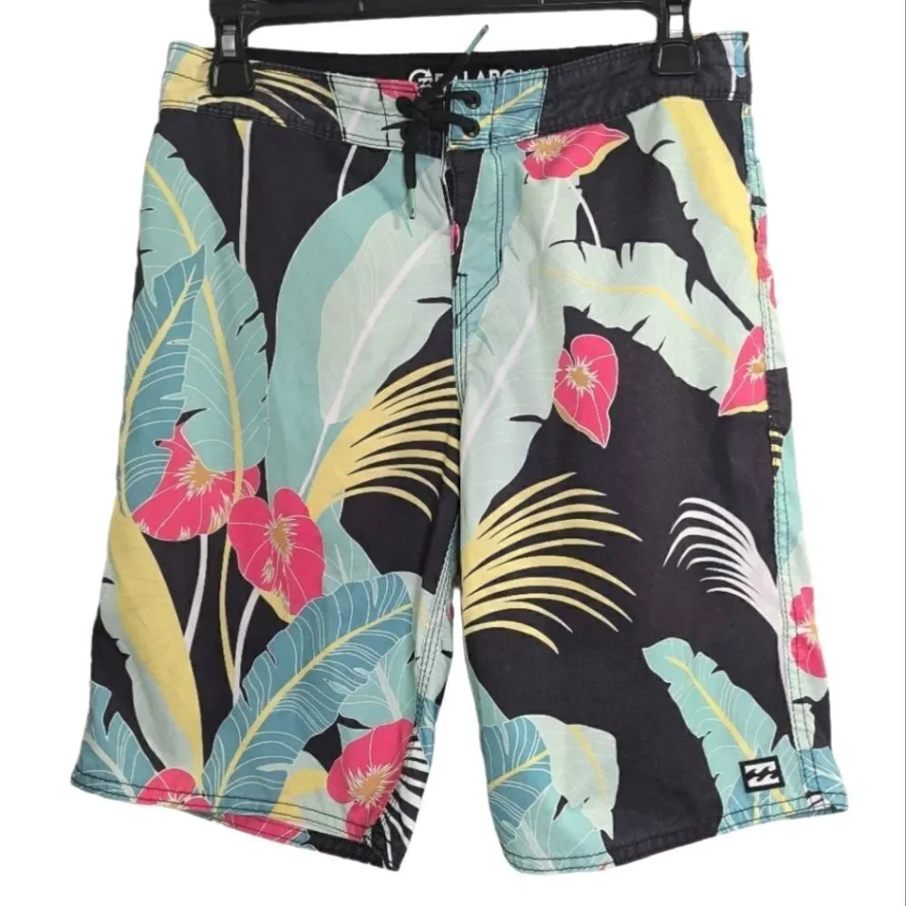 Billabong green pink tropical palm print board shorts swim bottom trunks mens 28